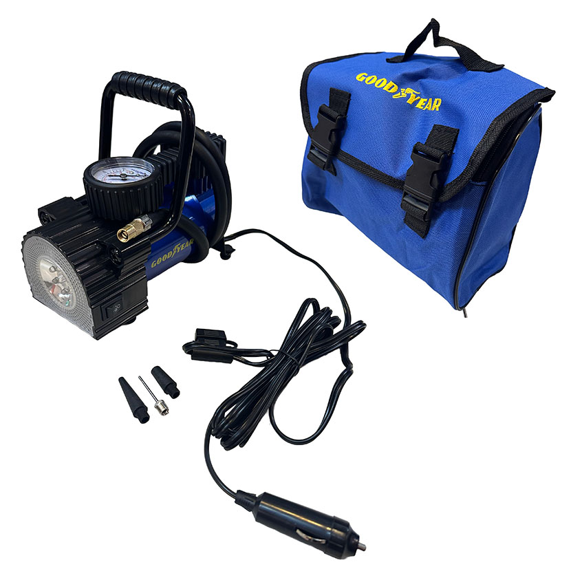 COMPRESOR DE AIRE GOODYEAR, 12V, SUPER REFORZADO, EN BOLSO, CON LUZ LED, MANOMETRO 150 PSI Y ACCESORIOS - 2