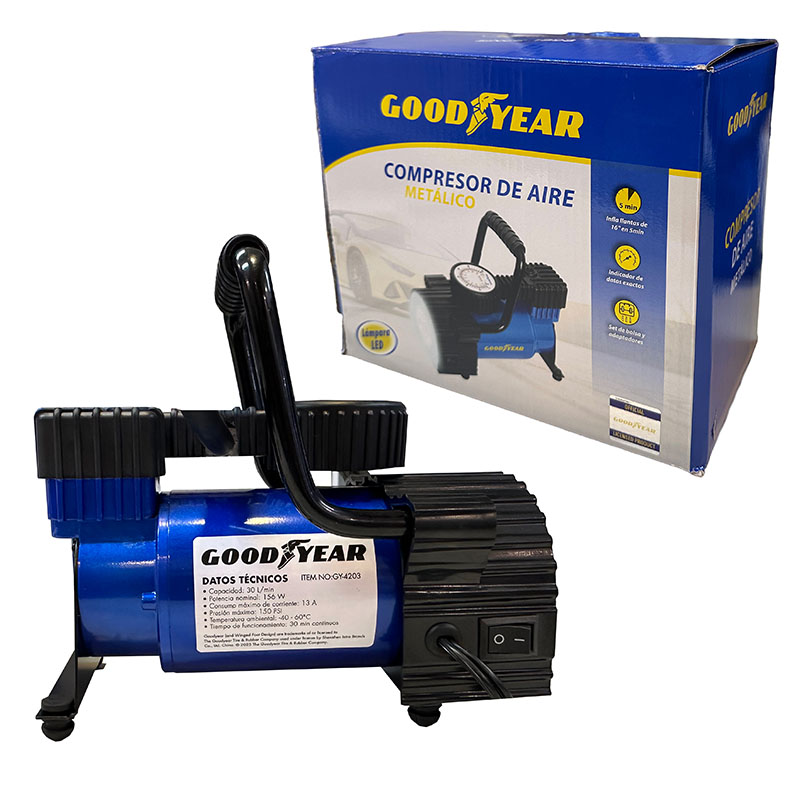 COMPRESOR DE AIRE GOODYEAR, 12V, SUPER REFORZADO, EN BOLSO, CON LUZ LED, MANOMETRO 150 PSI Y ACCESORIOS - 3