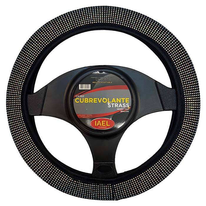 CUBRE VOLANTE ELASTIZADO, NEGRO CON BRILLOS STRASS TORNASOLADO
