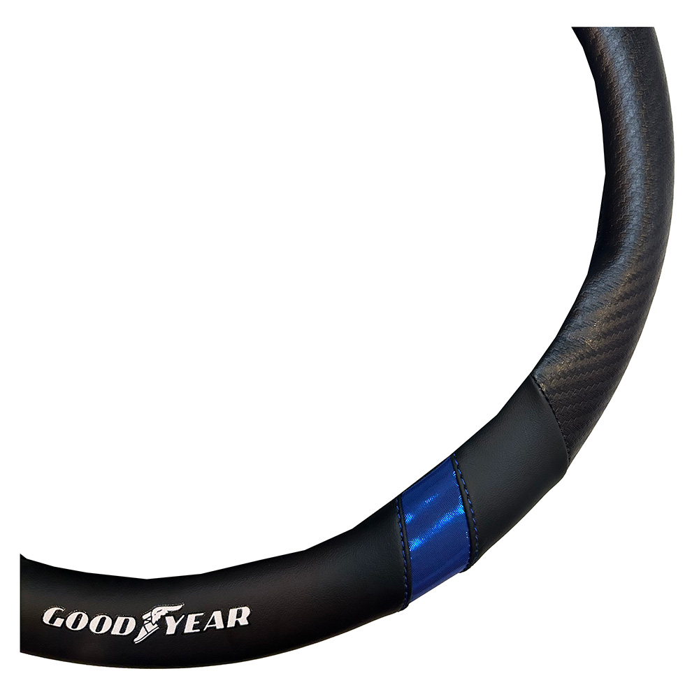 CUBRE VOLANTE GOODYEAR, NEGRO CON CARBONO, TIRAS METALIZADAS AZUL, AUTO 38CM - 2