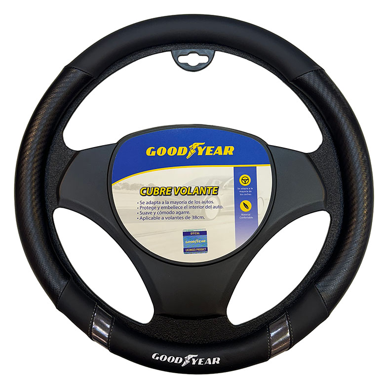 CUBRE VOLANTE GOODYEAR, NEGRO CON CARBONO, TIRAS METALIZADAS GRIS, AUTO 38CM