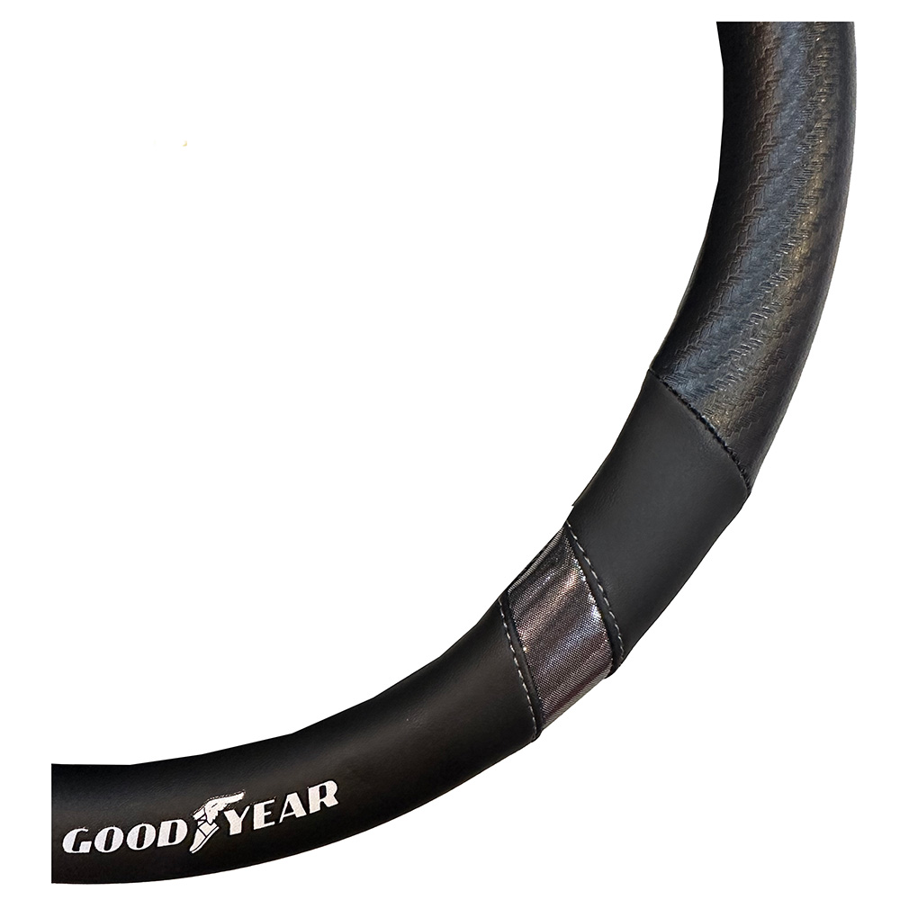 CUBRE VOLANTE GOODYEAR, NEGRO CON CARBONO, TIRAS METALIZADAS GRIS, AUTO 38CM - 2