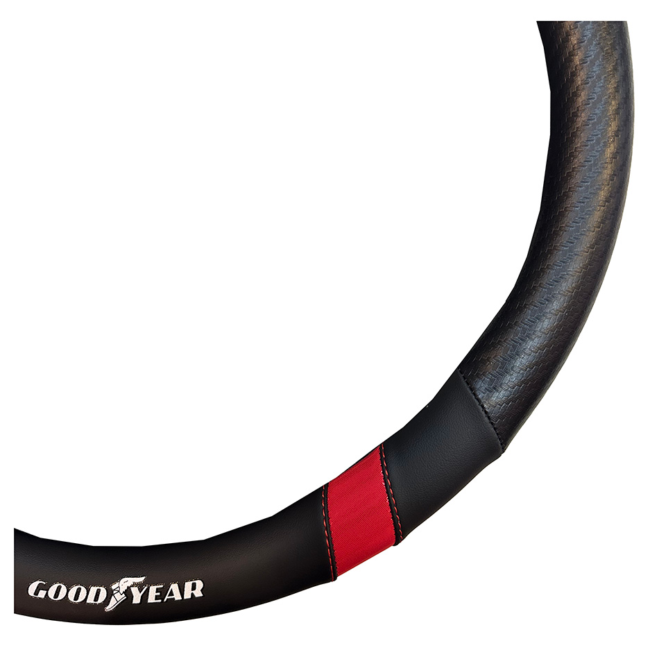 CUBRE VOLANTE GOODYEAR, NEGRO CON CARBONO, TIRAS METALIZADAS ROJO, AUTO 38CM - 2