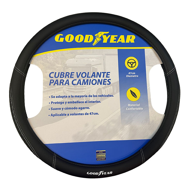 CUBRE VOLANTE GOODYEAR, CAMION 47CM FORRADO EN CUERINA COMBINADO PICADO CON COSTURA