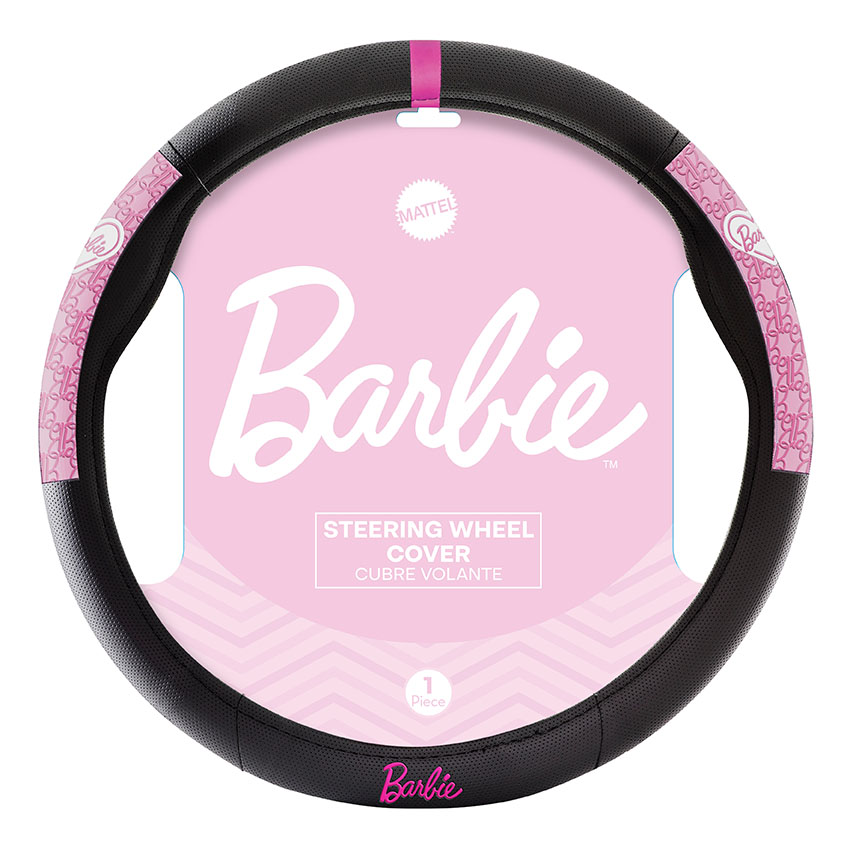 CUBRE VOLANTE BARBIE NEGRO CON APLIQUES ROSA LATERALES, 38CM