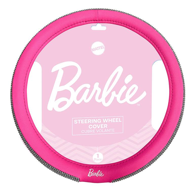 CUBRE VOLANTE BARBIE ROSA CON VUELTA DE BRILLOS PLATEADOS, 38CM