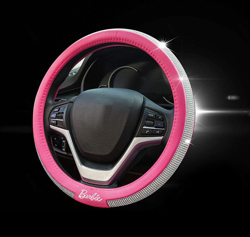 CUBRE VOLANTE BARBIE ROSA CON VUELTA DE BRILLOS PLATEADOS, 38CM - 2