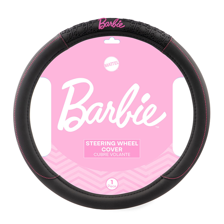 CUBRE VOLANTE BARBIE NEGRO CON LOGO Y COSTURA ROSA, 38CM
