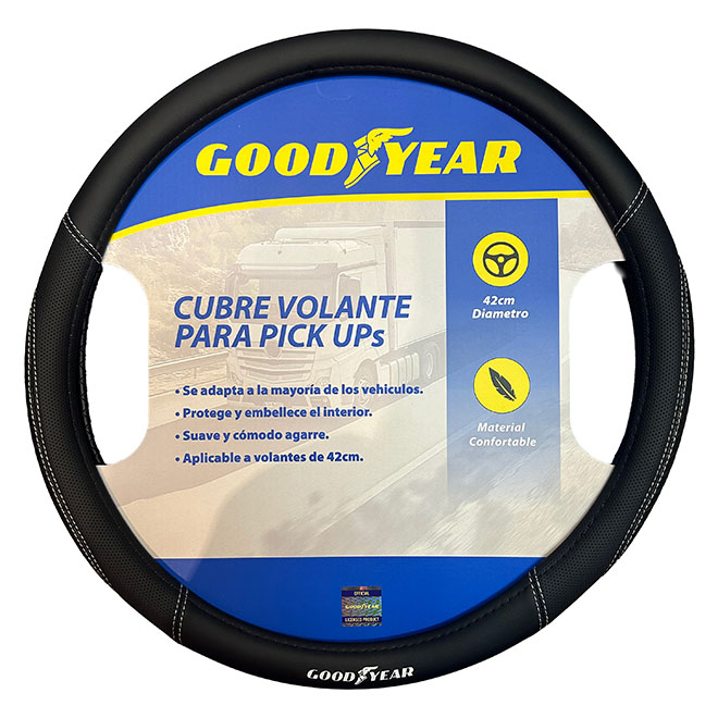CUBRE VOLANTE GOODYEAR, CAMION 42CM FORRADO EN CUERINA COMBINADO PICADO CON COSTURA