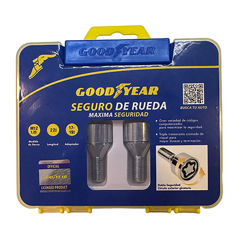 JGO. SEGURO DE RUEDA GOODYEAR, CROMADO CABEZA GIRATORIA, 4 BULONES C/ 2 ADAPTADORES, MAXIMA SEGURIDAD, PREMIUM - 3