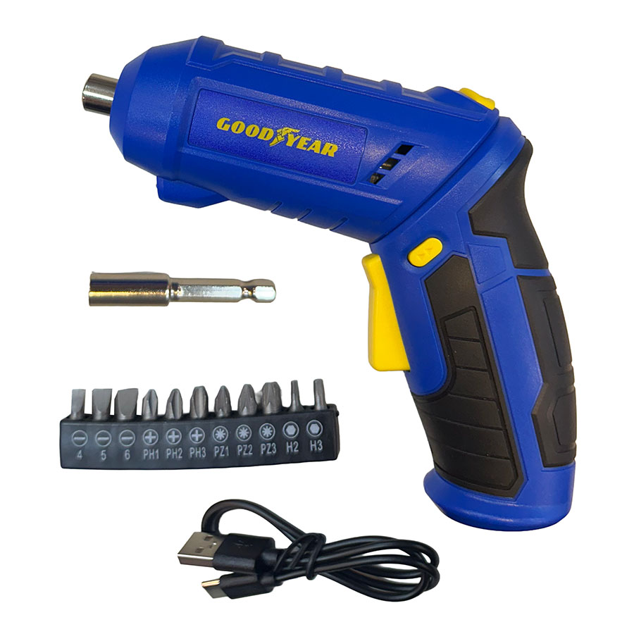 ATORNILLADOR DESTORNILLADOR INALAMBRICO GOODYEAR, RECARGABLE USB, CON PUNTAS. 2 POSICIONES