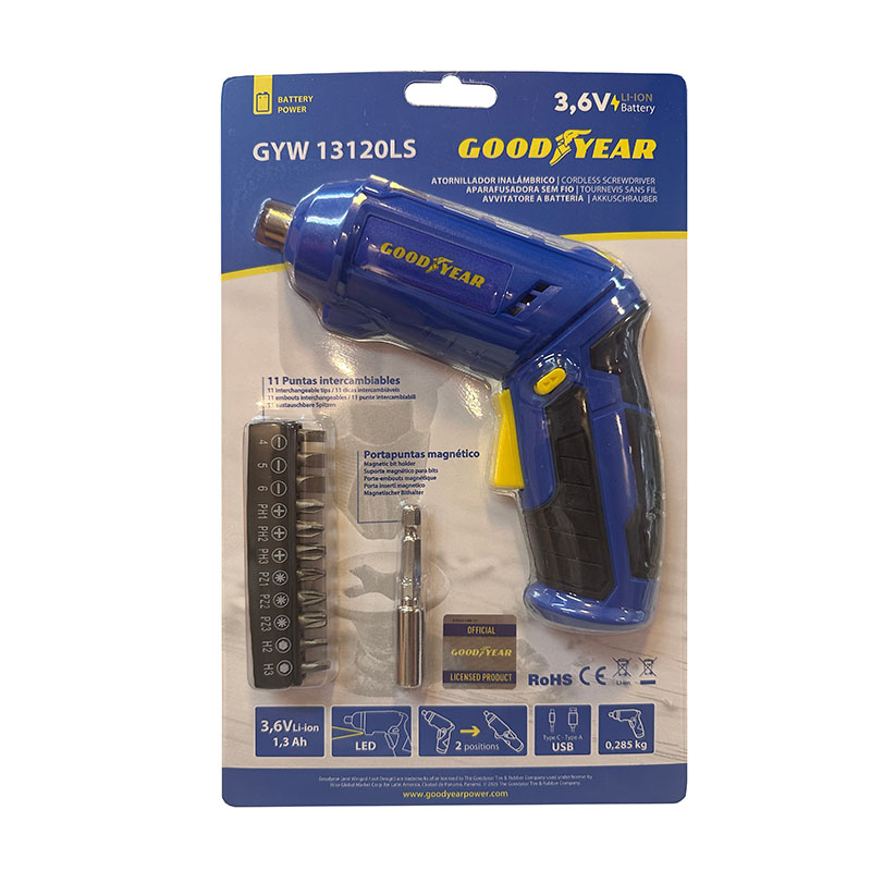ATORNILLADOR DESTORNILLADOR INALAMBRICO GOODYEAR, RECARGABLE USB, CON PUNTAS. 2 POSICIONES - 3