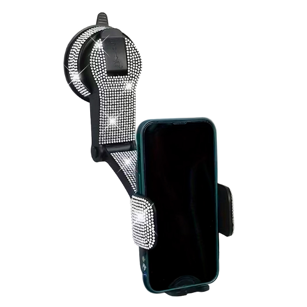 PORTA CELULAR CON BRILLOS, SUCCION, SILICONA, REGULABLE PARA PARABRISAS Y TABLERO