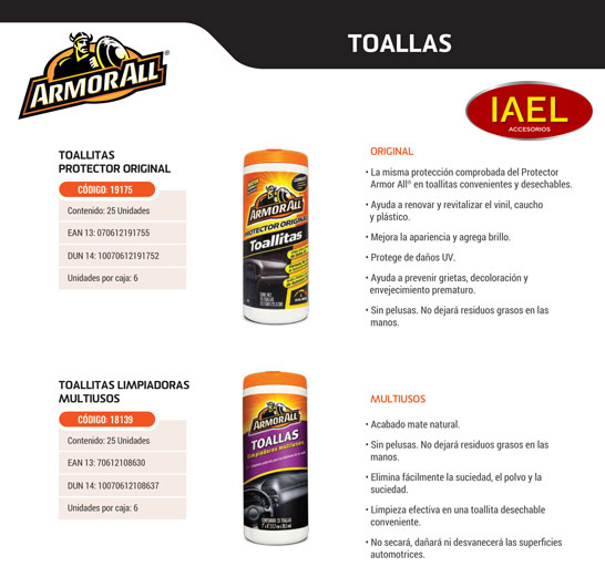 TOALLITAS ARMORALL PROTECTOR ORIGINAL 25PCS LIMPIA, PROTEJE, DA BRILLO - 2
