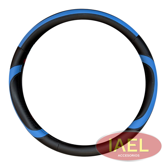 CUBRE VOLANTE CUERINA NEGRO CON APLIQUE FLUOR AZUL, 38CM