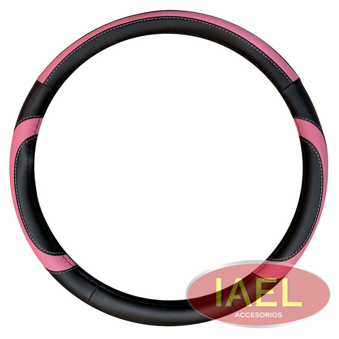 CUBRE VOLANTE CUERINA NEGRO CON APLIQUE FLUOR ROSA, 38CM
