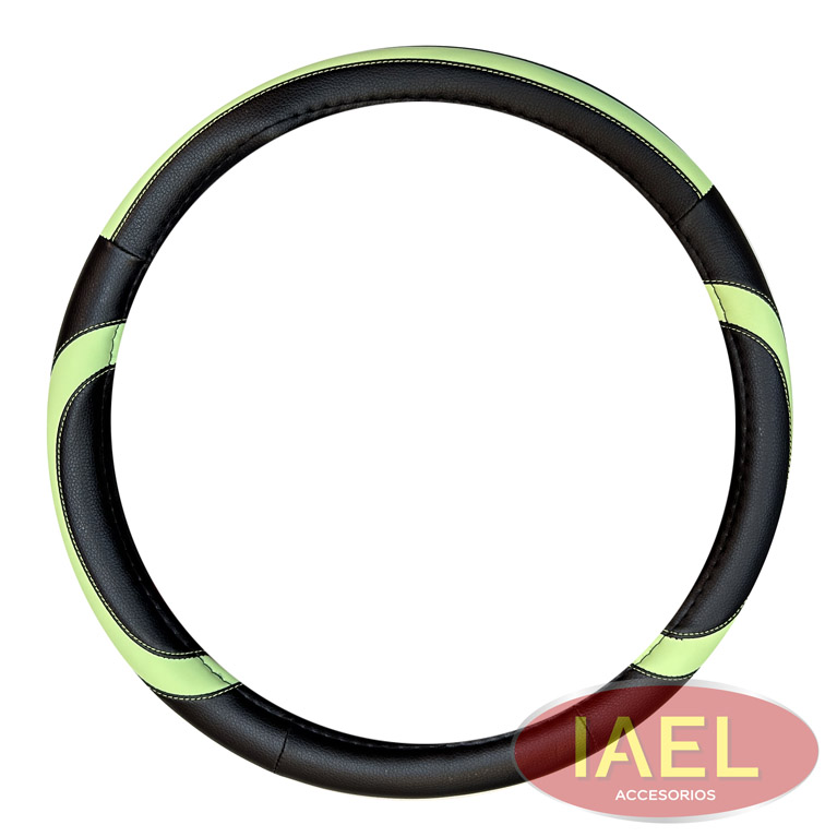 CUBRE VOLANTE CUERINA NEGRO CON APLIQUE FLUOR VERDE, 38CM