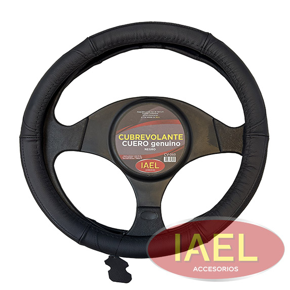 CUBRE VOLANTE CUERO GENUINO NEGRO, CON COSTURAS Y PICADO COMBINADO