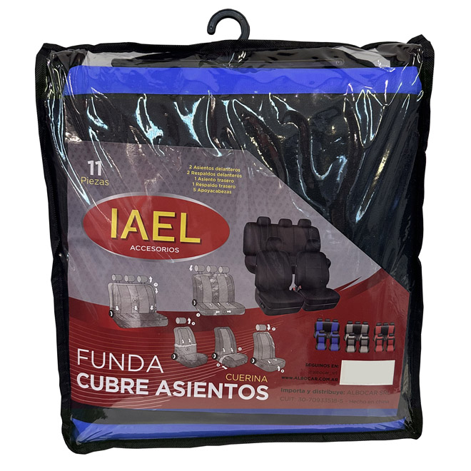JGO. FUNDA CUERINA COMBINADA, COMPLETA. 11PCS NEGRA CON AZUL