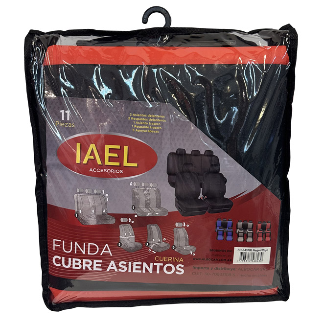 JGO. FUNDA CUERINA COMBINADA, COMPLETA. 11PCS NEGRA CON ROJO