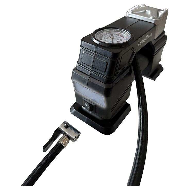 COMPRESOR DE AIRE GOODYEAR, 12V, REFORZADO, CON LUZ, MANOMETRO 150 PSI