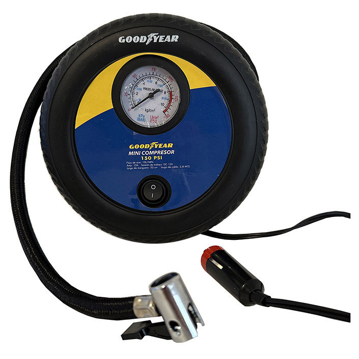 COMPRESOR 12V, FORMATO RUEDA GOODYEAR. CON MANOMETRO 150PSI Y ACCESORI