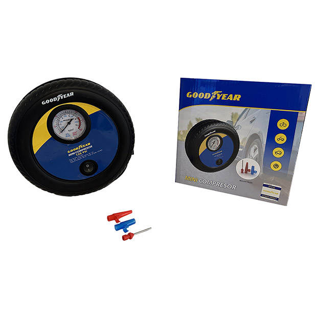 COMPRESOR 12V, FORMATO RUEDA GOODYEAR. CON MANOMETRO 150PSI Y ACCESORI - 2