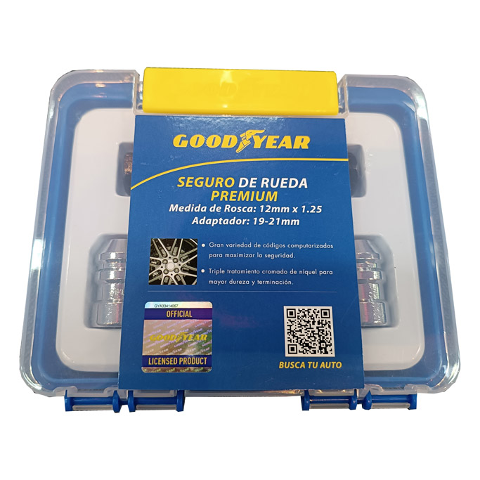 JGO. SEGURO DE RUEDA GOODYEAR, CROMADO, 4 TUERCAS, 2 ADAPTADORES, PREM - 2