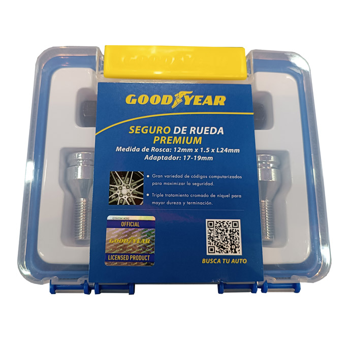 JGO. SEGURO DE RUEDA GOODYEAR, CROMADO, 4 BULONES, 2 ADAPTADORES, PREM - 2