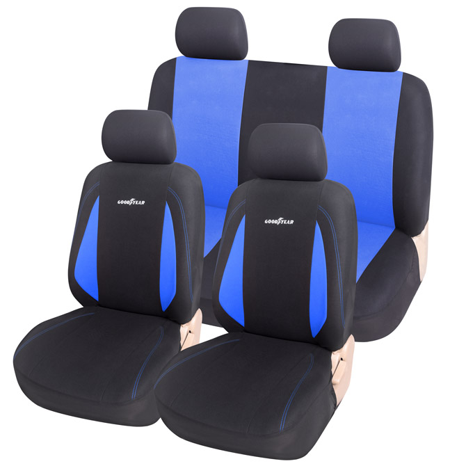 JGO. FUNDA ASIENTO, COMPLETA, GOODYEAR, NEGRA CON AZUL, 10 PIEZAS