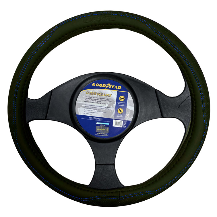 CUBRE VOLANTE GOODYEAR, NEGRO CON COSTURA AZUL, AUTO 38CM