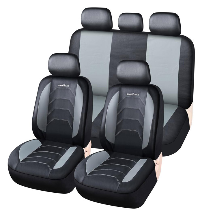 JGO. FUNDA ASIENTO CUERINA NEGRA CON GRIS Y COSTURAS, COMPLETA, GOODYEAR, 11 PIEZAS