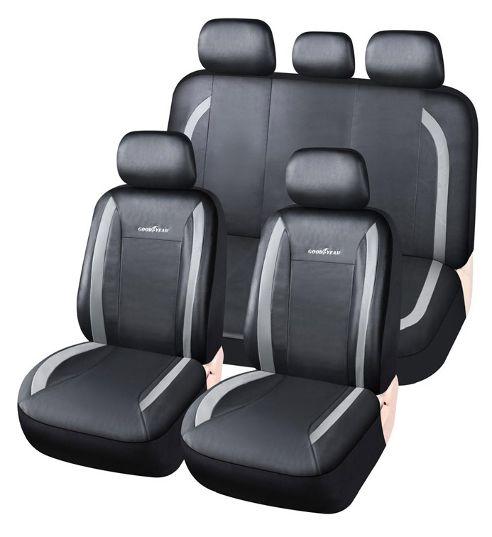 JGO. FUNDA ASIENTO CUERINA NEGRA CON DETALLE GRIS, COMPLETA, GOODYEAR, 11 PIEZAS