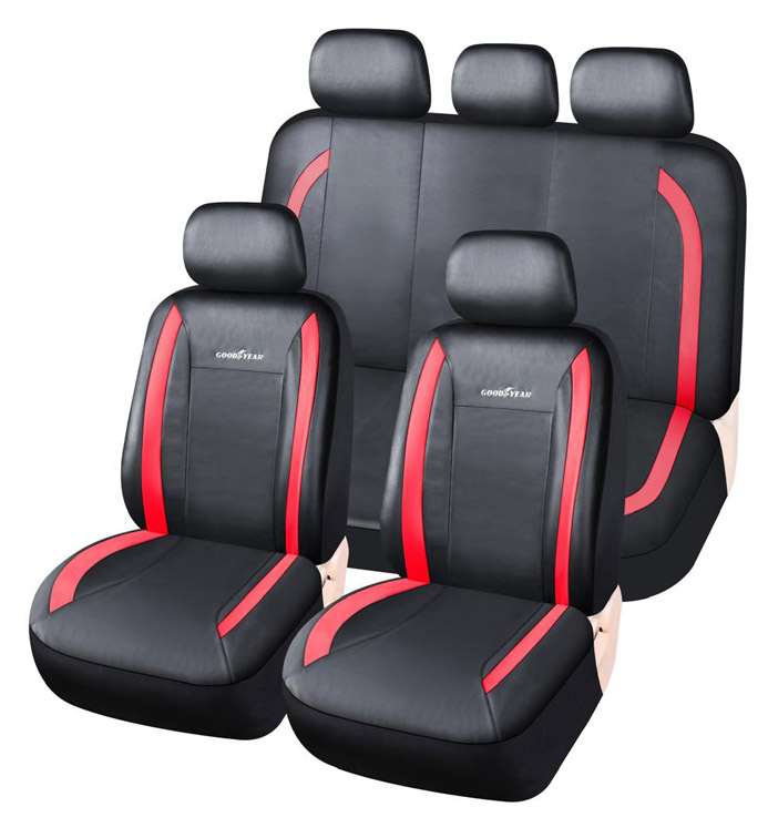 JGO. FUNDA ASIENTO CUERINA NEGRA CON DETALLE ROJO, COMPLETA, GOODYEAR, 11 PIEZAS
