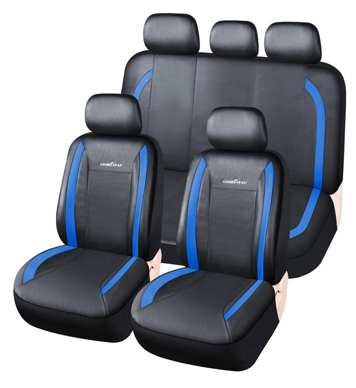 JGO. FUNDA ASIENTO CUERINA NEGRA CON DETALLE AZUL, COMPLETA, GOODYEAR, 11 PIEZAS