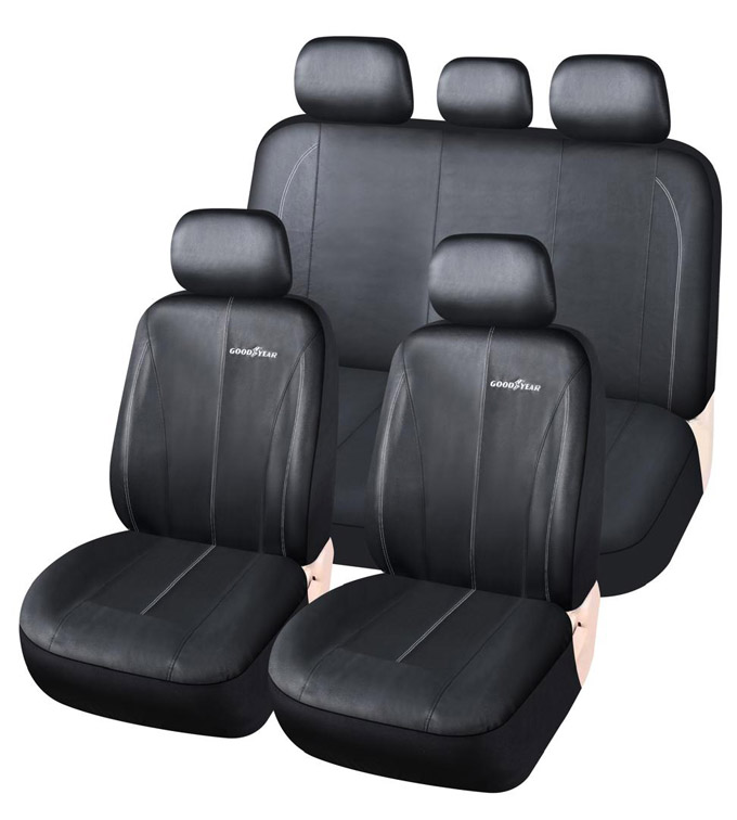 JGO. FUNDA ASIENTO CUERINA NEGRA CON COSTURA GRIS, COMPLETA, GOODYEAR, 11 PIEZAS