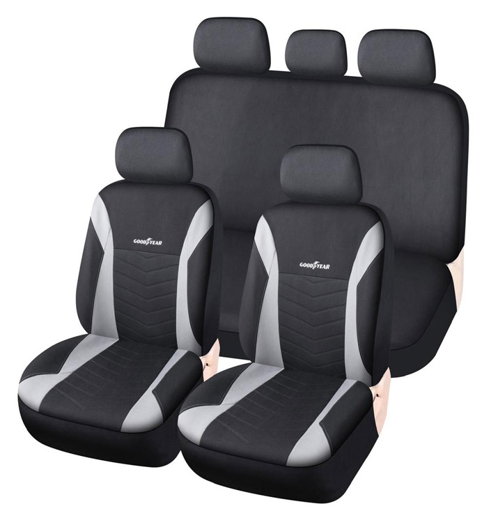 JGO. FUNDA ASIENTO POLIESTER NEGRA CON GRIS Y COSTURAS, COMPLETA, GOODYEAR, 11 PIEZAS