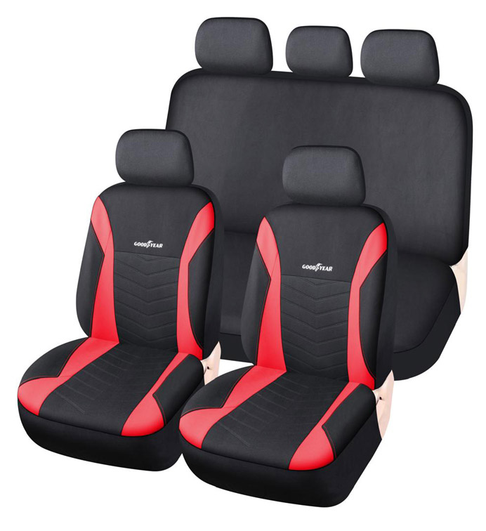 JGO. FUNDA ASIENTO POLIESTER NEGRA CON ROJO Y COSTURAS, COMPLETA, GOODYEAR, 11 PIEZAS