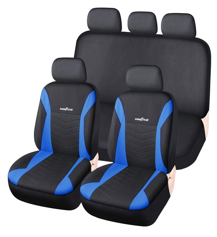 JGO. FUNDA ASIENTO POLIESTER NEGRA CON AZUL Y COSTURAS, COMPLETA, GOODYEAR, 11 PIEZAS