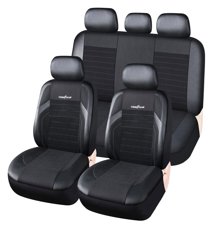 JGO. FUNDA ASIENTO NEGRA, COMBINADA CUERINA, POLIESTER Y VELOUR, COMPLETA, GOODYEAR, 11 PIEZAS