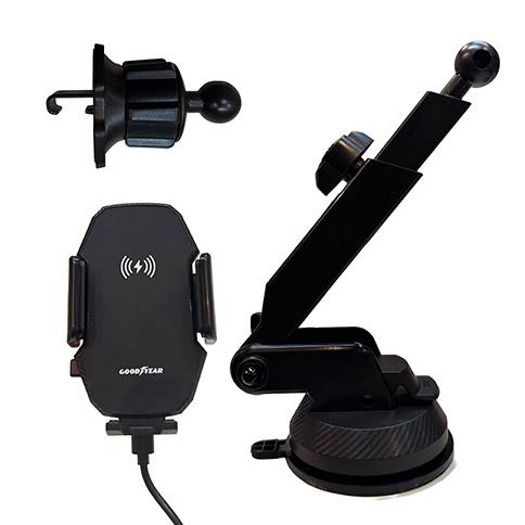 PORTA TELEFONO CELULAR/GPS CARGADOR INALAMBRICO GOODYEAR, DOBLE SOPORTE ARTICULADO SUCCION+REJILLAS AIRE, CON CABLE USB