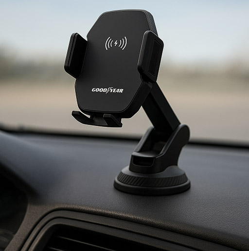 PORTA TELEFONO CELULAR/GPS CARGADOR INALAMBRICO GOODYEAR, DOBLE SOPORTE ARTICULADO SUCCION+REJILLAS AIRE, CON CABLE USB - 2