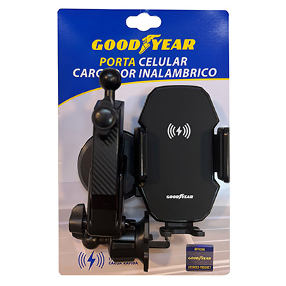 PORTA TELEFONO CELULAR/GPS CARGADOR INALAMBRICO GOODYEAR, DOBLE SOPORTE ARTICULADO SUCCION+REJILLAS AIRE, CON CABLE USB - 3