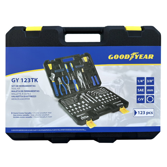 KIT DE HERRAMIENTAS GOODYEAR 123 PCS, CON CAJA PLASTICA