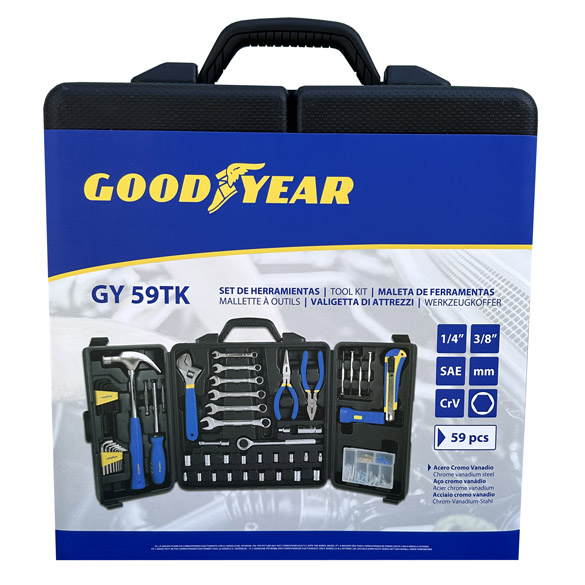KIT DE HERRAMIENTAS GOODYEAR 59 PCS, CON CAJA PLASTICA