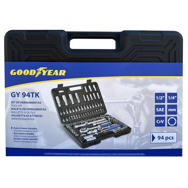 KIT DE HERRAMIENTAS GOODYEAR 94 PCS, CON CAJA PLASTICA