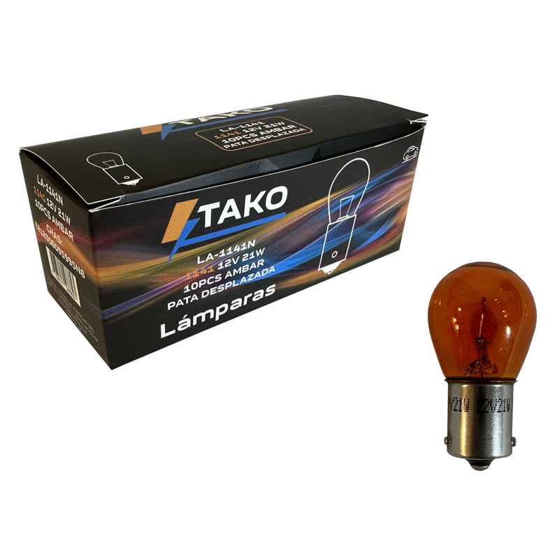 LAMPARA 1141 AMBAR 21W 12V, PATA DESPLAZADA ¨V¨ - TAKO