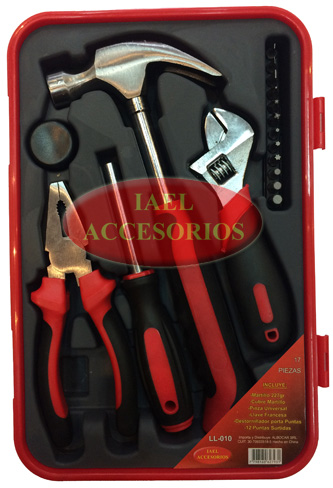 KIT 17 HERRAMIENTAS EN CAJA PLAST, MARTILLO, PINZA, LLAVE FRANCESA, DE