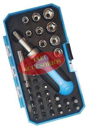 KIT 36 HERRAMIENTAS EN CAJA PLAST, DESTORNILLADOR, PUNTAS, TUBOS