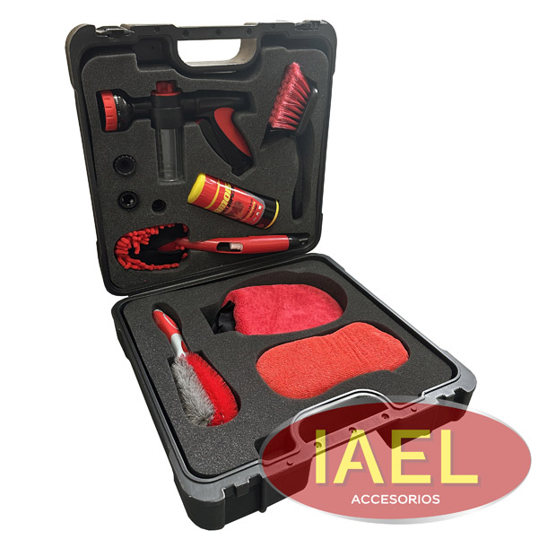 KIT LIMPIEZA X8 NEGRO-ROJO CAJA-PISTOLA-GUANTE-ESPONJA-CHAMOIS-3 CEPIL
